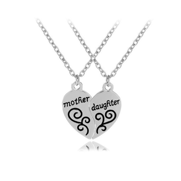 Silver 2pc Mother Daughter Necklace Set, Mom Daughter Split Heart Pendants, Mom - Picture 1 of 3